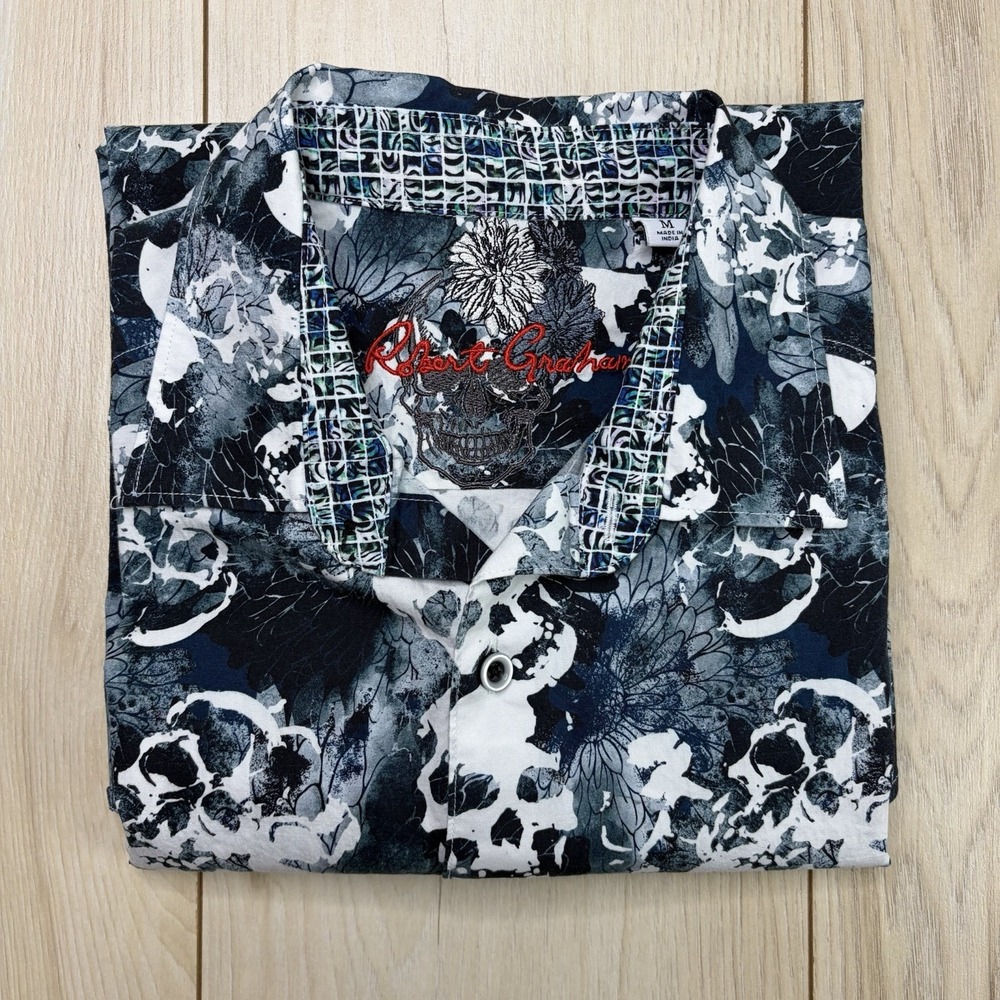 Robert Graham Mens Medium Blue Skull Floral AOP Short Sleeve Button Down Shirt